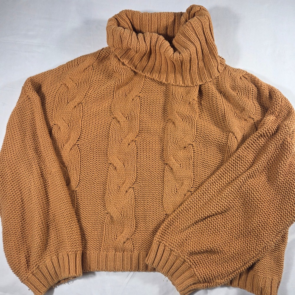 Mustard Yellow Cable Knit Turtleneck Sweater Womens 2XL Chunky Crop Pullover